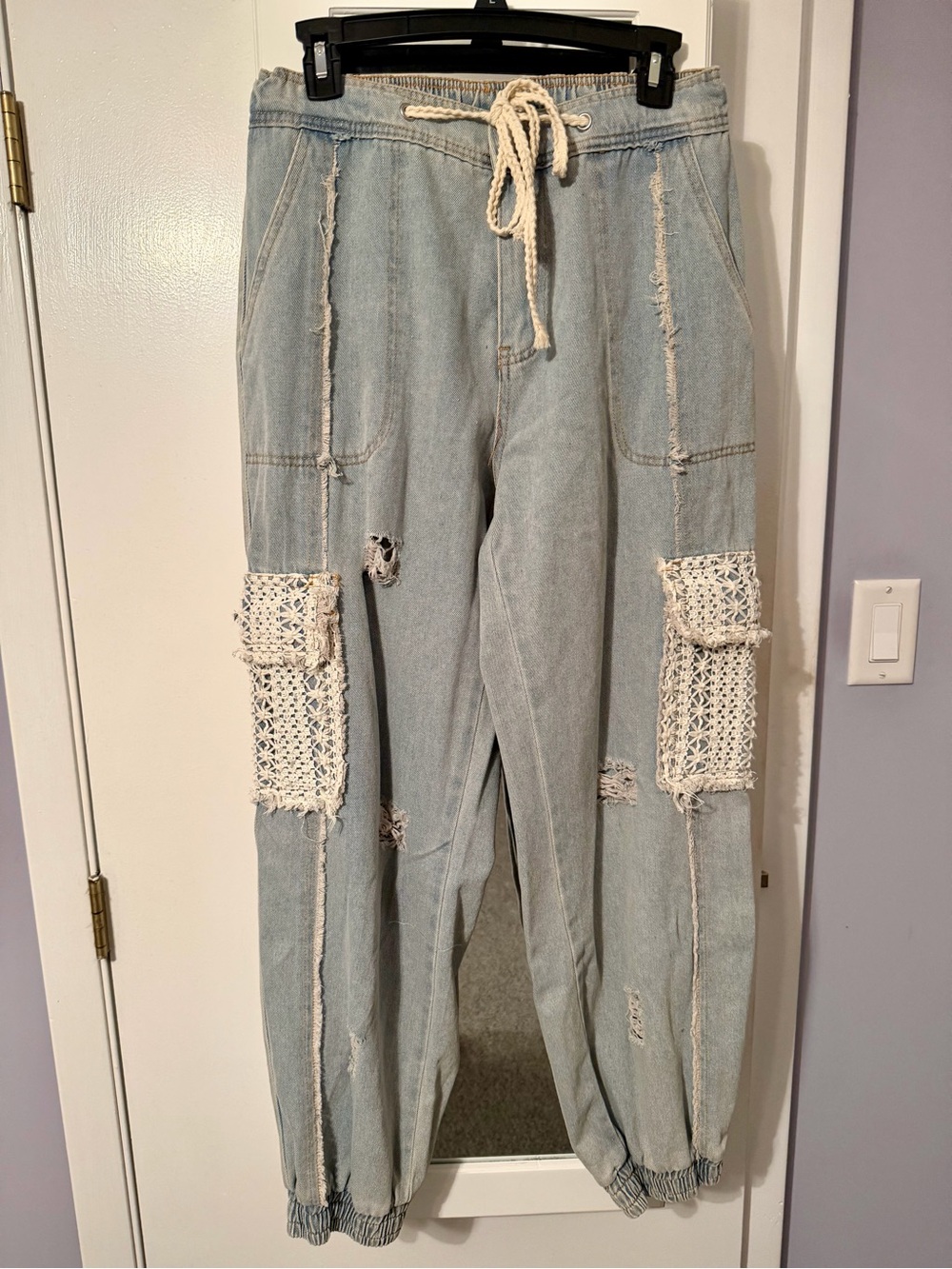 POL Light Blue Denim & Lace Jogger Pants